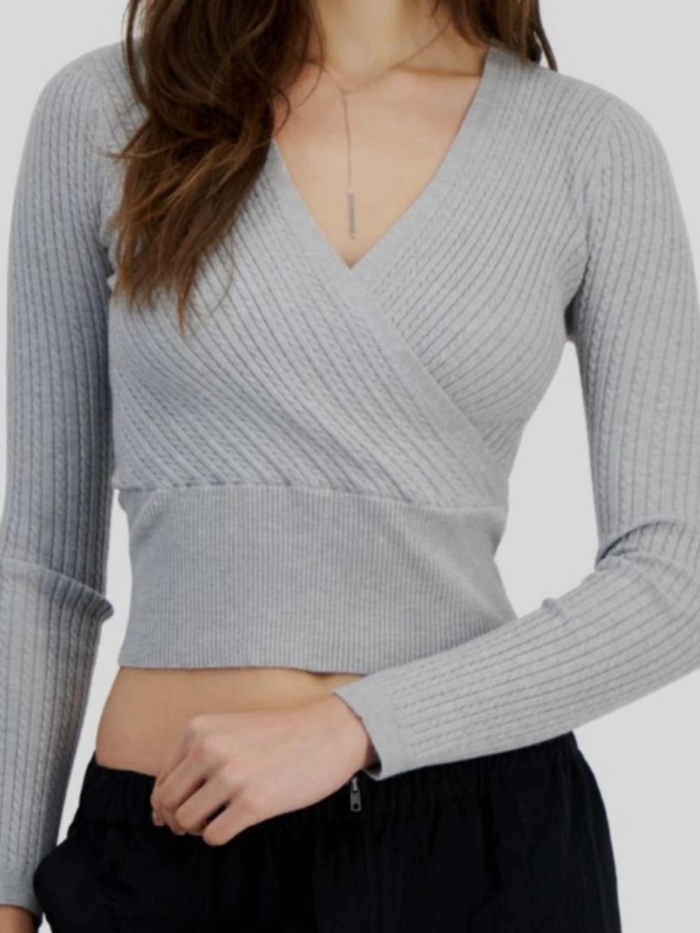 Ultra Flirt Juniors' Cable-Knit Surplice Cropped Sweater Lt Heather SIZE XL NWT